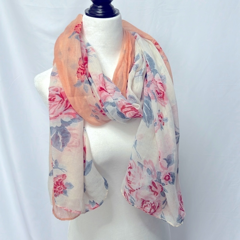 Lightweight Coral and Cream Floral Scarf